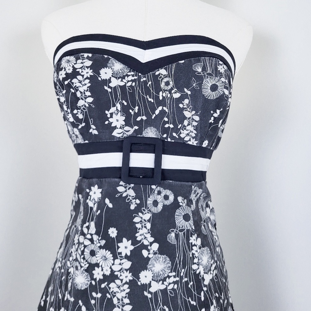 Y2K Floral Mini Strapless Babydoll Dress Petticoat Formal Size Small Black White - Picture 3 of 16